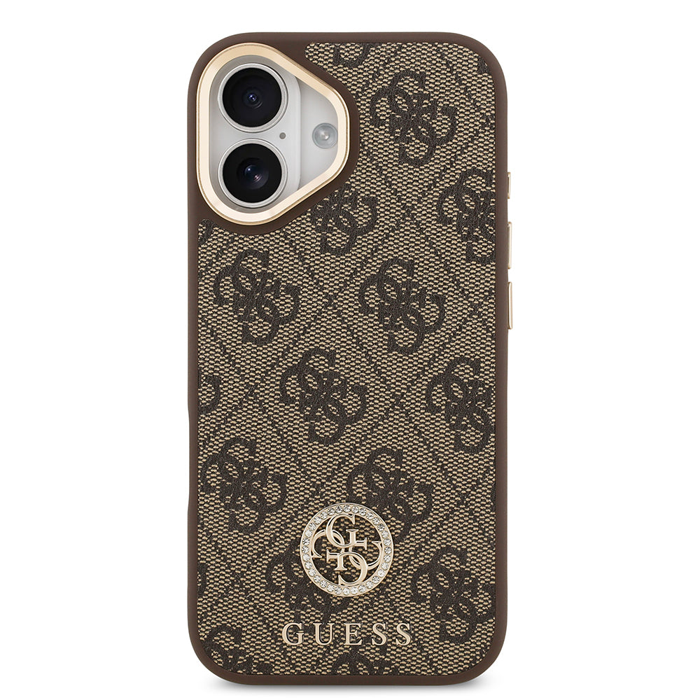Guess iPhone 17 Orjinal Lisanslı M-safe Şarj Özellikli Gold Metal Kamera Çerçeveli Taşlı 4G Logolu Kılıf