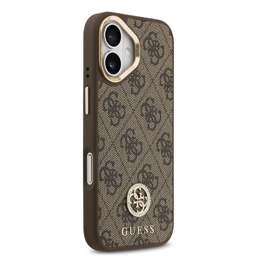 Guess iPhone 17 Orjinal Lisanslı M-safe Şarj Özellikli Gold Metal Kamera Çerçeveli Taşlı 4G Logolu Kılıf
