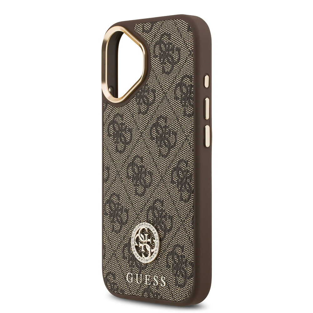 Guess iPhone 17 Orjinal Lisanslı M-safe Şarj Özellikli Gold Metal Kamera Çerçeveli Taşlı 4G Logolu Kılıf