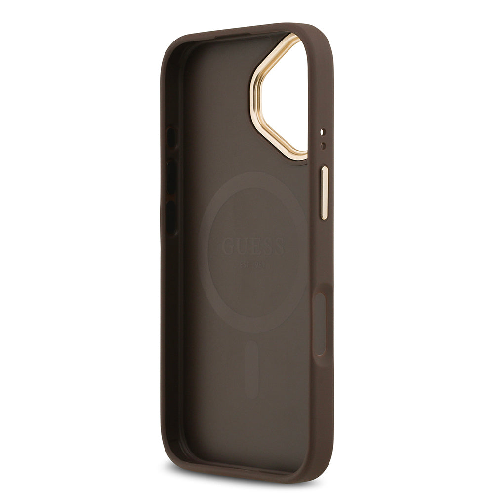 Guess iPhone 17 Orjinal Lisanslı M-safe Şarj Özellikli Gold Metal Kamera Çerçeveli Taşlı 4G Logolu Kılıf