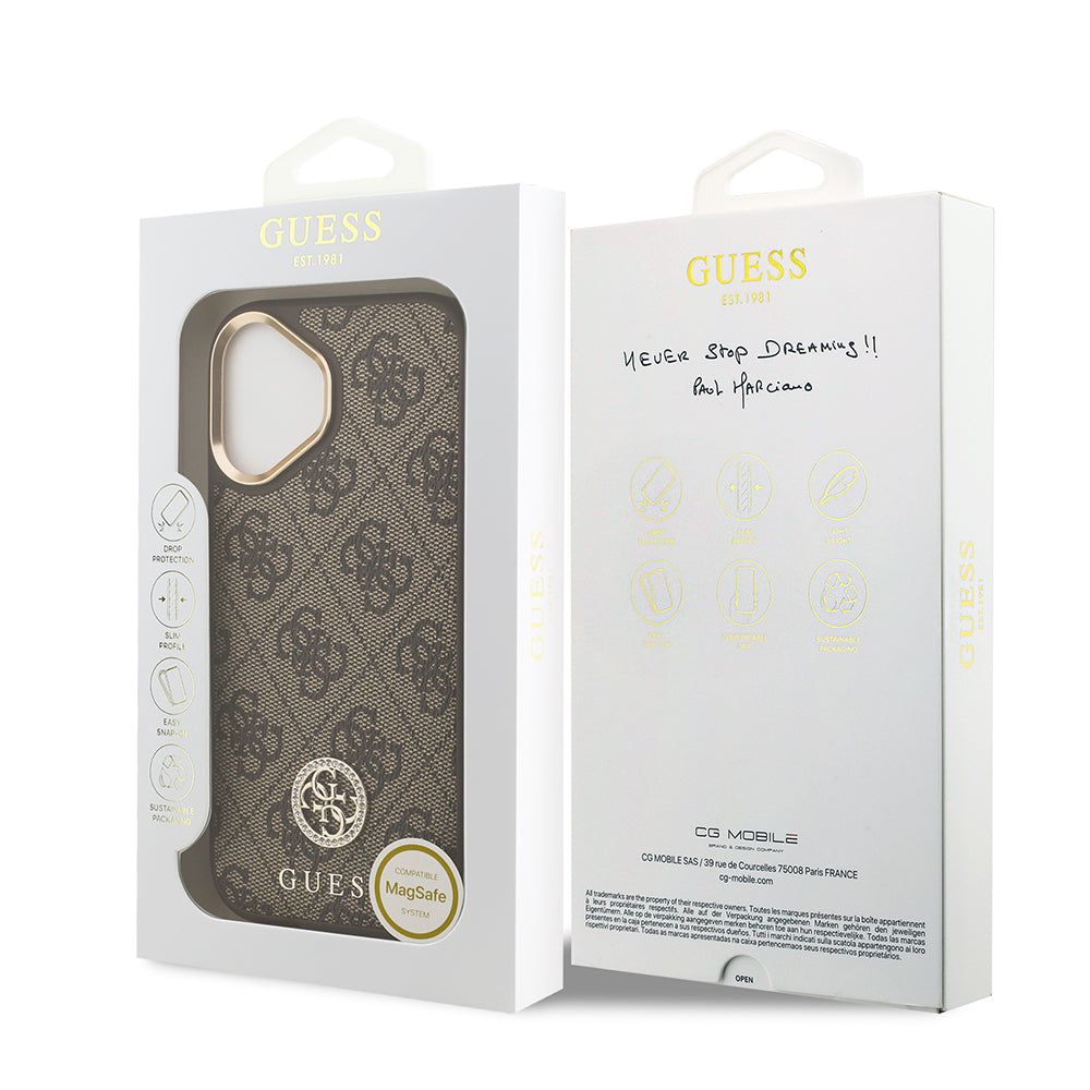 Guess iPhone 17 Orjinal Lisanslı M-safe Şarj Özellikli Gold Metal Kamera Çerçeveli Taşlı 4G Logolu Kılıf