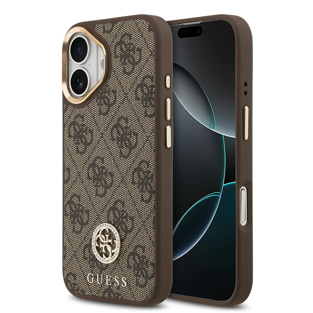 Guess iPhone 17 Orjinal Lisanslı M-safe Şarj Özellikli Gold Metal Kamera Çerçeveli Taşlı 4G Logolu Kılıf