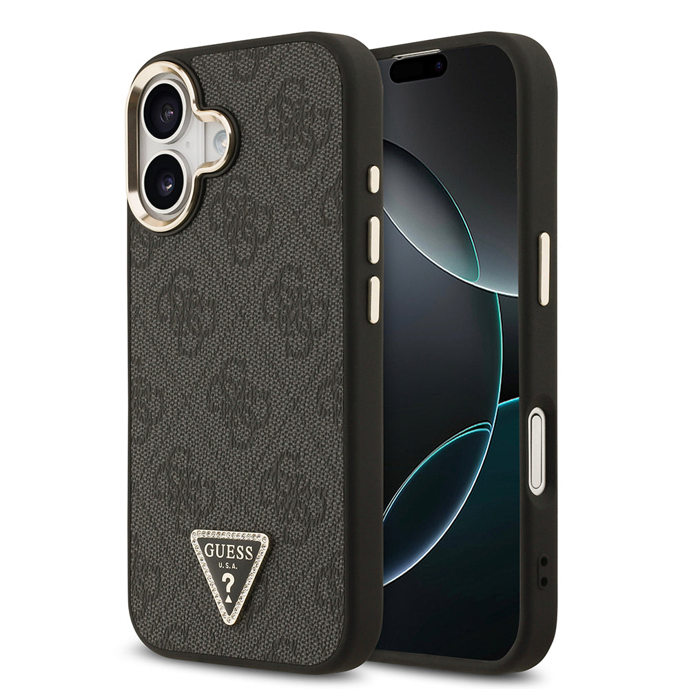 Guess iPhone 17 Orjinal Lisanslı M-safe Şarj Özellikli Gold Metal Kamera Çerçeveli Taşlı Üçgen Logo 4G Desenli Telefon Kılıfı