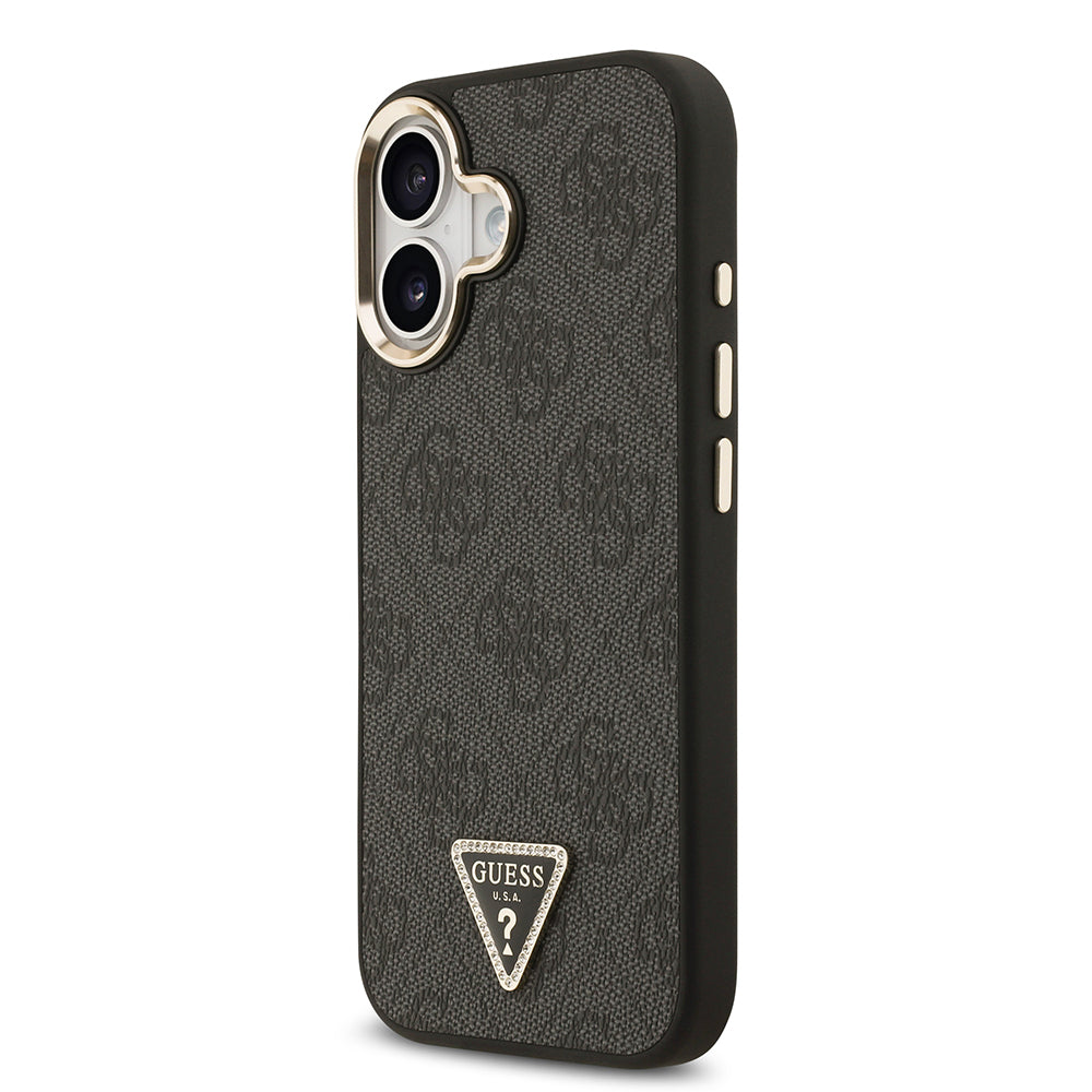 Guess iPhone 17 Orjinal Lisanslı M-safe Şarj Özellikli Gold Metal Kamera Çerçeveli Taşlı Üçgen Logo 4G Desenli Kılıf