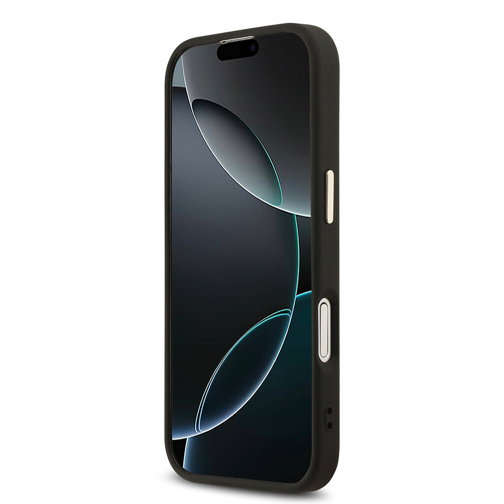 Guess iPhone 17 Orjinal Lisanslı M-safe Şarj Özellikli Gold Metal Kamera Çerçeveli Taşlı Üçgen Logo 4G Desenli Kılıf