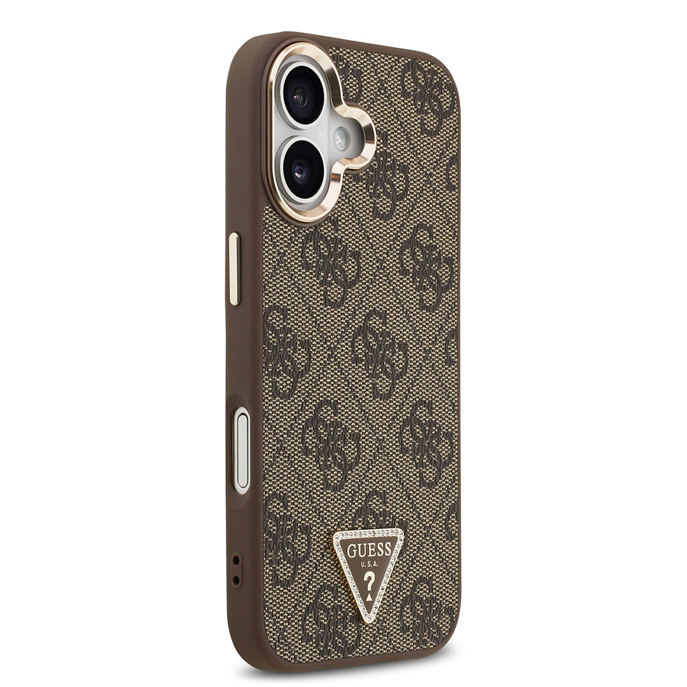 Guess iPhone 17 Orjinal Lisanslı M-safe Şarj Özellikli Gold Metal Kamera Çerçeveli Taşlı Üçgen Logo 4G Desenli Kılıf