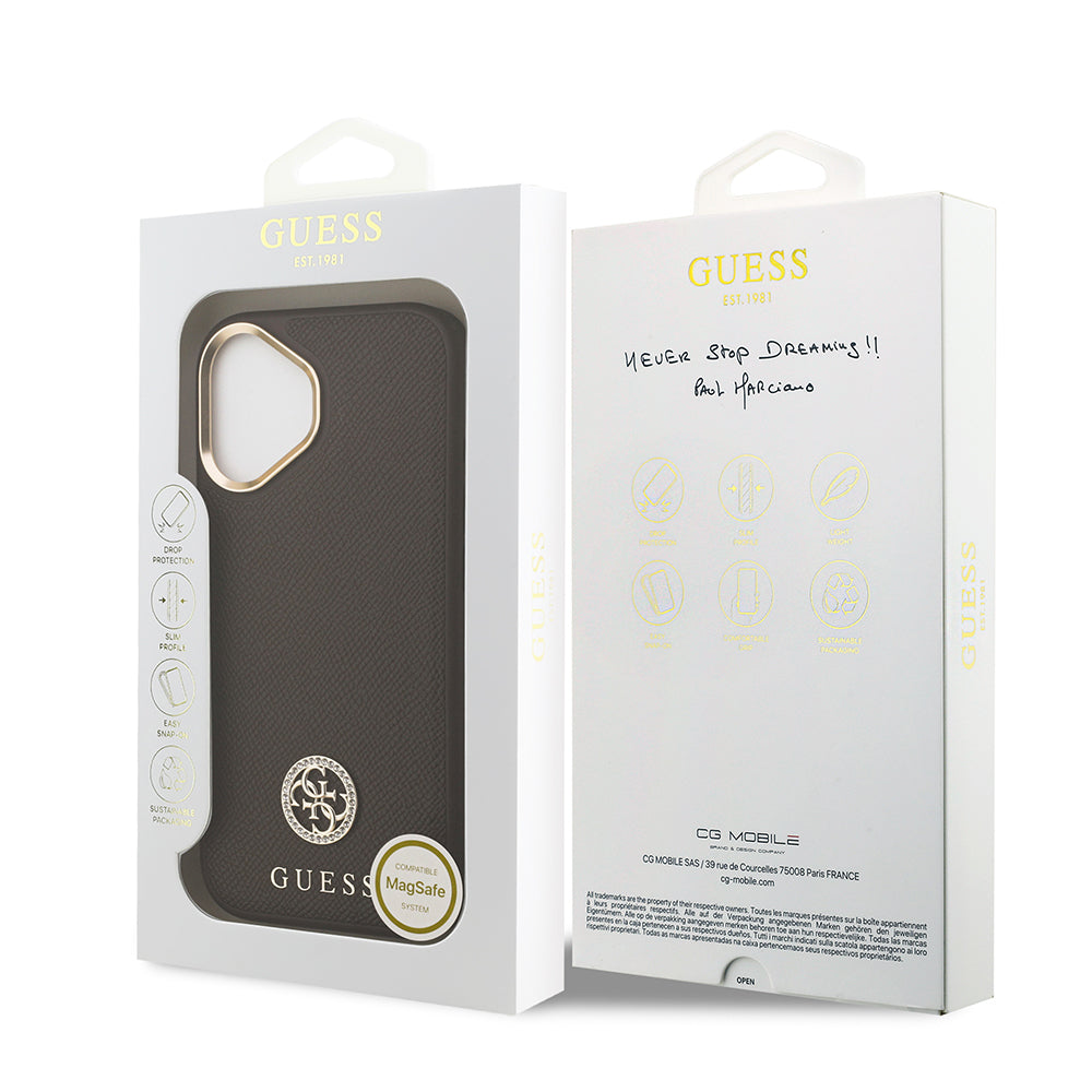 Guess iPhone 17 Orjinal Lisanslı M-safe Şarj Özellikli Grained Yazı ve Taşlı 4G Logolu Kılıf