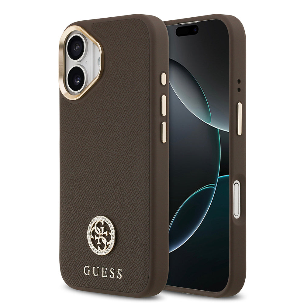 Guess iPhone 17 Orjinal Lisanslı M-safe Şarj Özellikli Grained Yazı ve Taşlı 4G Logolu Kılıf