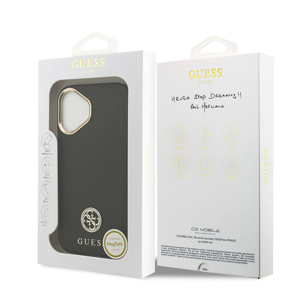 Guess iPhone 17 Orjinal Lisanslı M-safe Şarj Özellikli Grained Yazı ve Taşlı 4G Logolu Kılıf