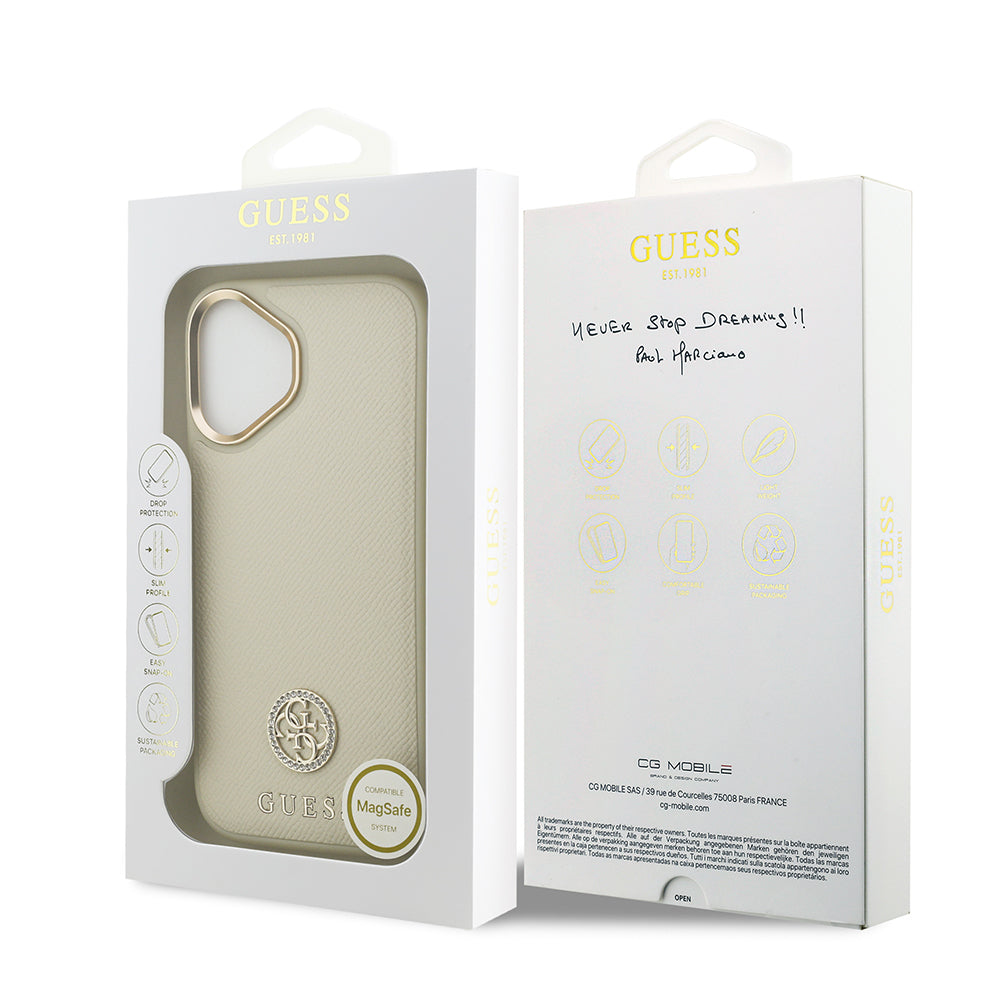 Guess iPhone 17 Orjinal Lisanslı M-safe Şarj Özellikli Grained Yazı ve Taşlı 4G Logolu Kılıf