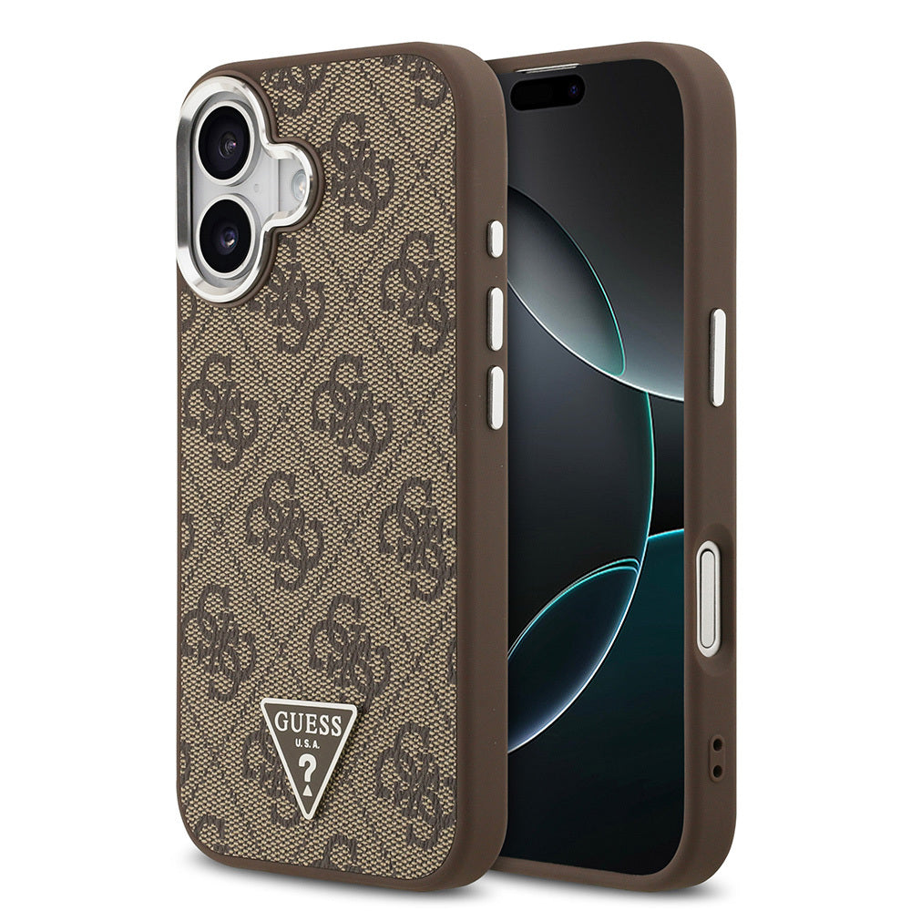 Guess iPhone 17 Orjinal Lisanslı M-safe Şarj Özellikli Gümüş Metal Kamera Çerçeveli Üçgen Logo 4G Desenli Kılıf