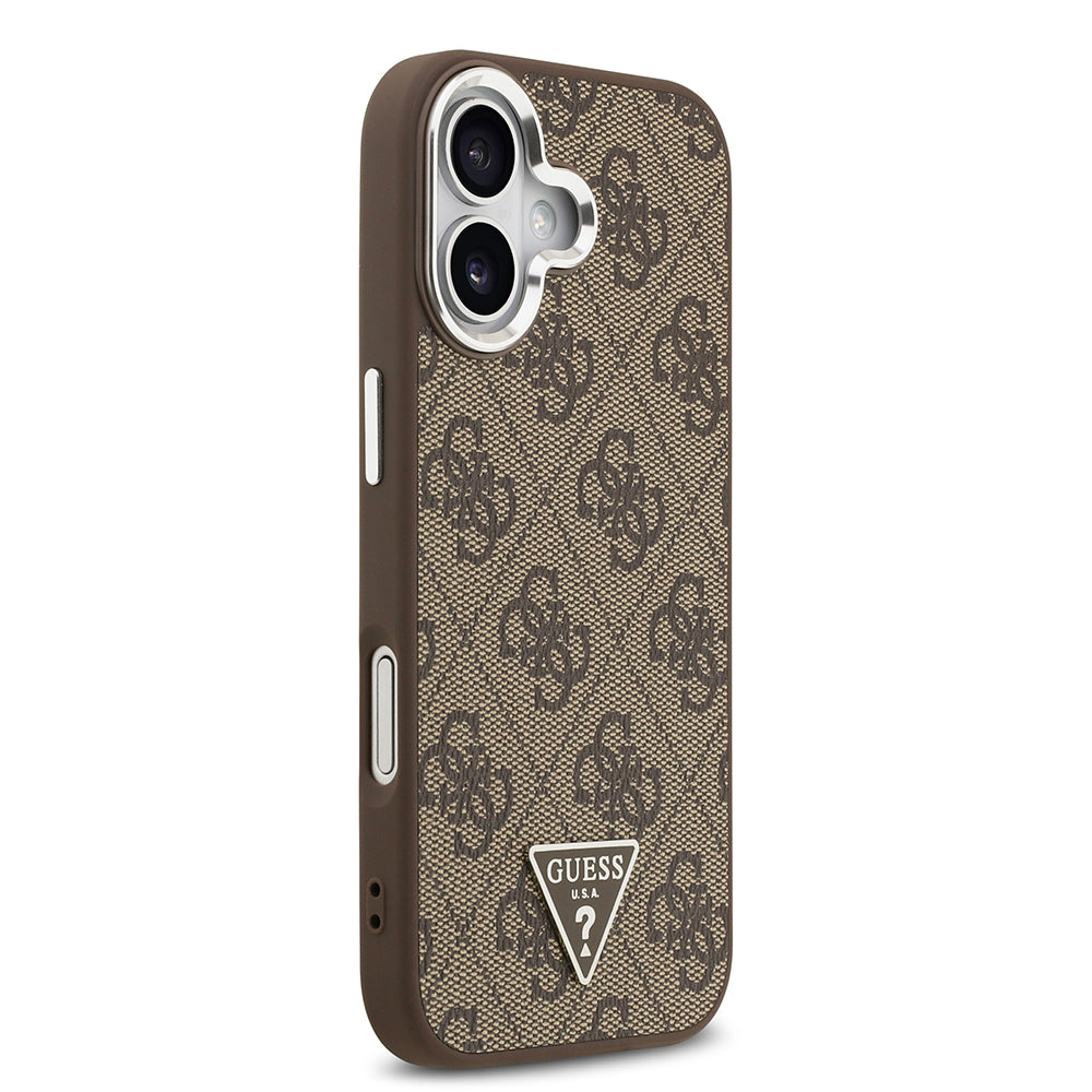 Guess iPhone 17 Orjinal Lisanslı M-safe Şarj Özellikli Gümüş Metal Kamera Çerçeveli Üçgen Logo 4G Desenli Kılıf