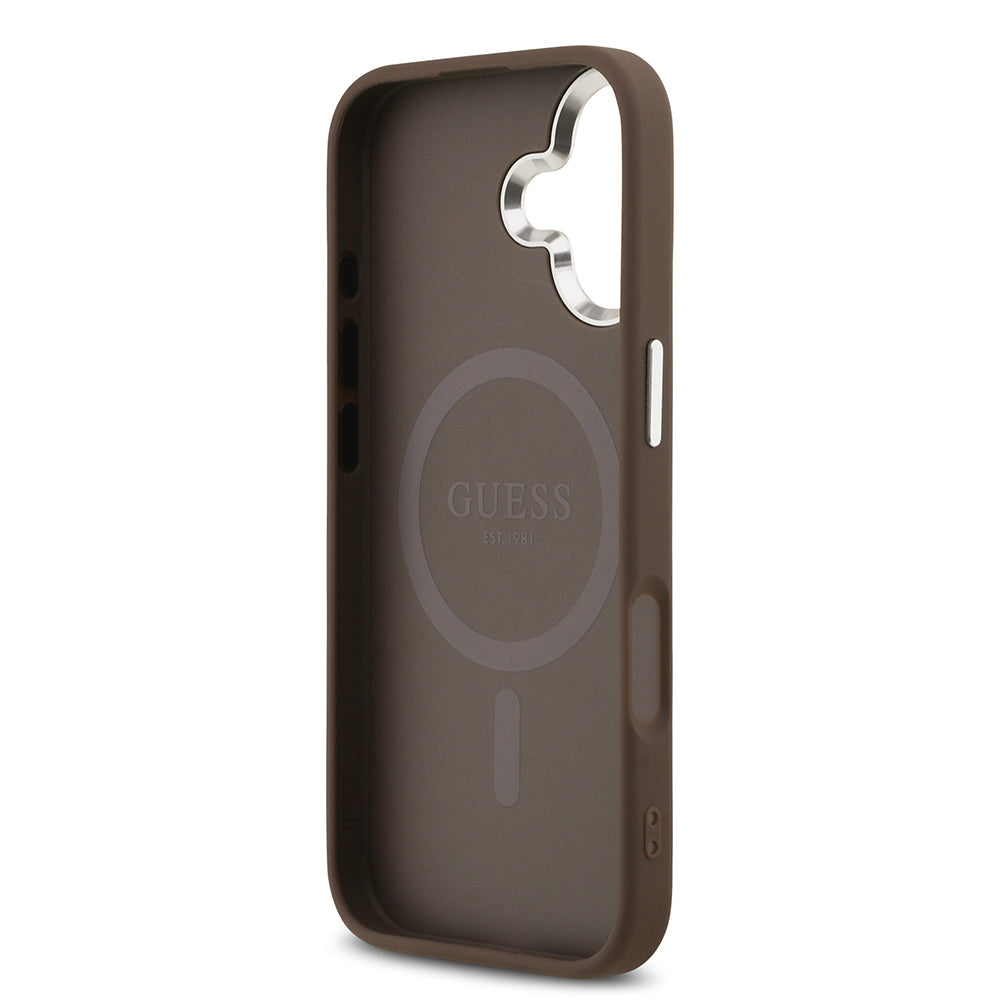 Guess iPhone 17 Orjinal Lisanslı M-safe Şarj Özellikli Gümüş Metal Kamera Çerçeveli Üçgen Logo 4G Desenli Kılıf