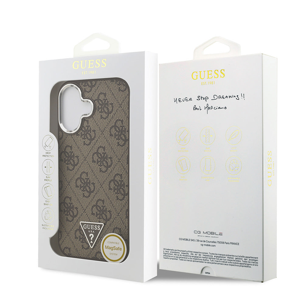 Guess iPhone 17 Orjinal Lisanslı M-safe Şarj Özellikli Gümüş Metal Kamera Çerçeveli Üçgen Logo 4G Desenli Kılıf