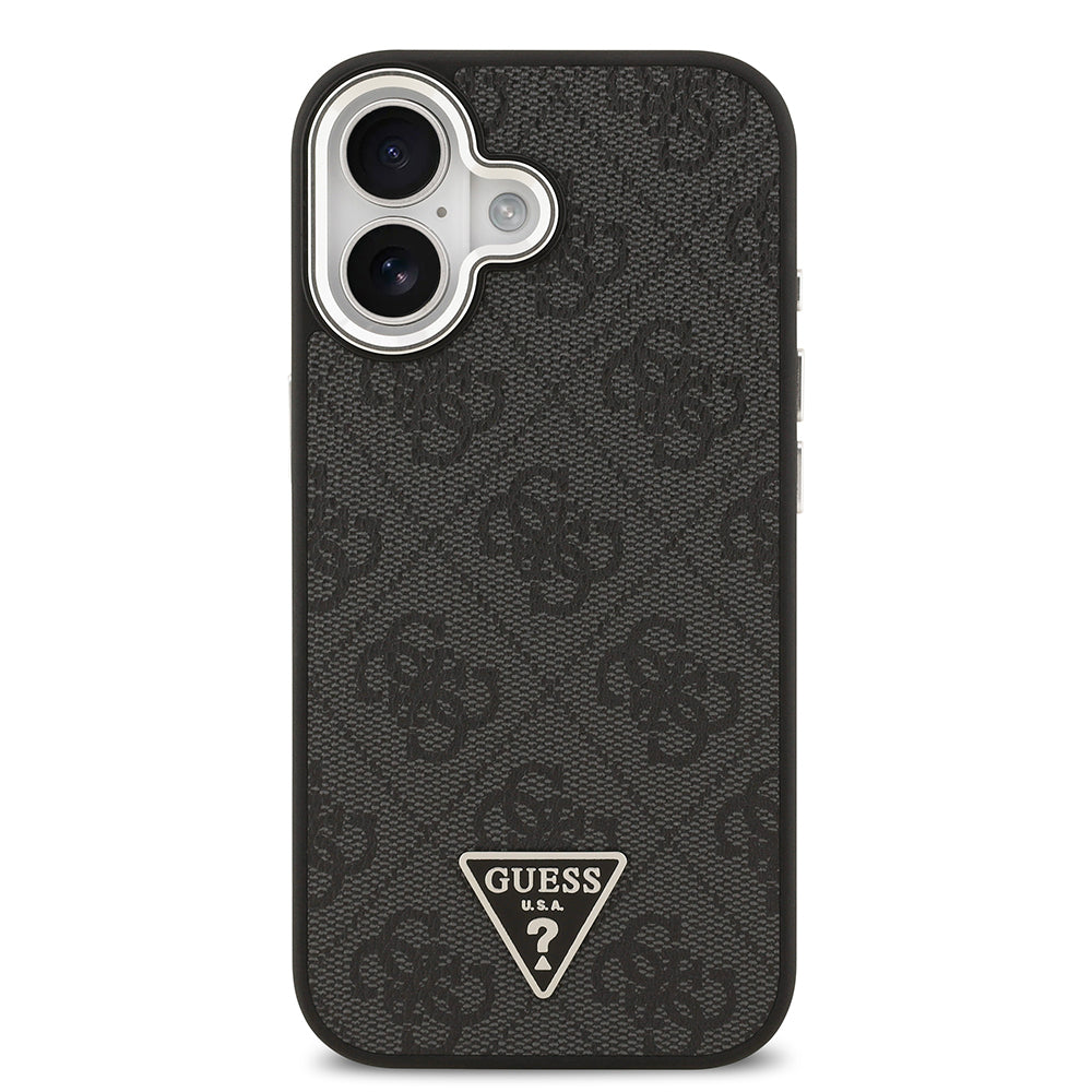 Guess iPhone 17 Orjinal Lisanslı M-safe Şarj Özellikli Gümüş Metal Kamera Çerçeveli Üçgen Logo 4G Desenli Kılıf