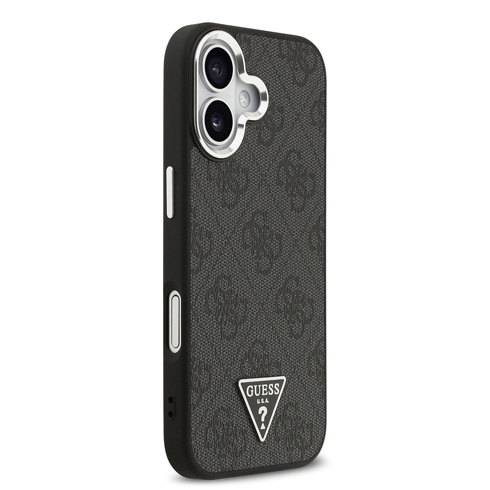 Guess iPhone 17 Orjinal Lisanslı M-safe Şarj Özellikli Gümüş Metal Kamera Çerçeveli Üçgen Logo 4G Desenli Kılıf