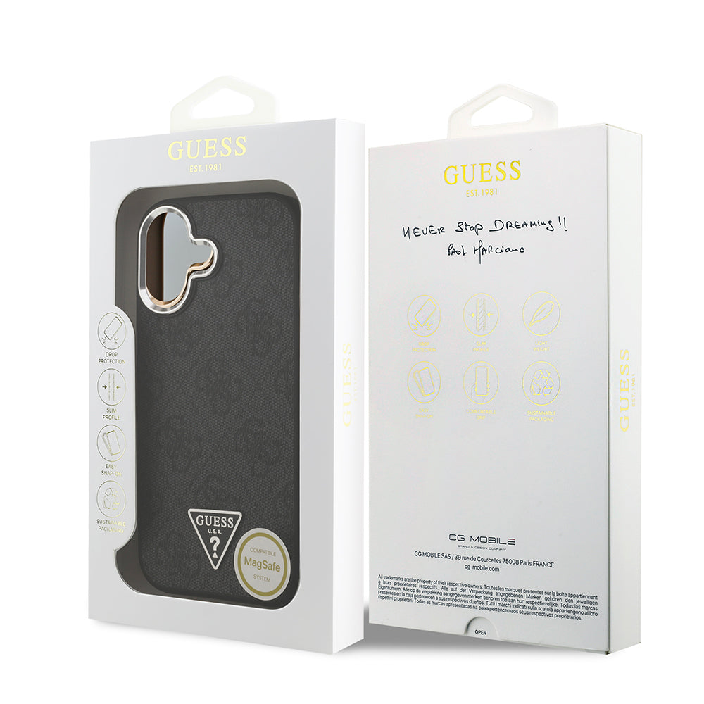 Guess iPhone 17 Orjinal Lisanslı M-safe Şarj Özellikli Gümüş Metal Kamera Çerçeveli Üçgen Logo 4G Desenli Kılıf
