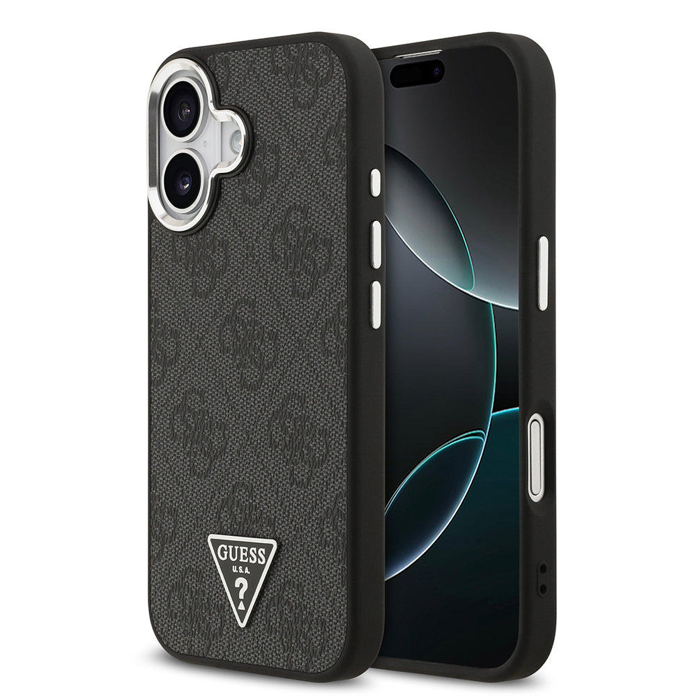 Guess iPhone 17 Orjinal Lisanslı M-safe Şarj Özellikli Gümüş Metal Kamera Çerçeveli Üçgen Logo 4G Desenli Kılıf