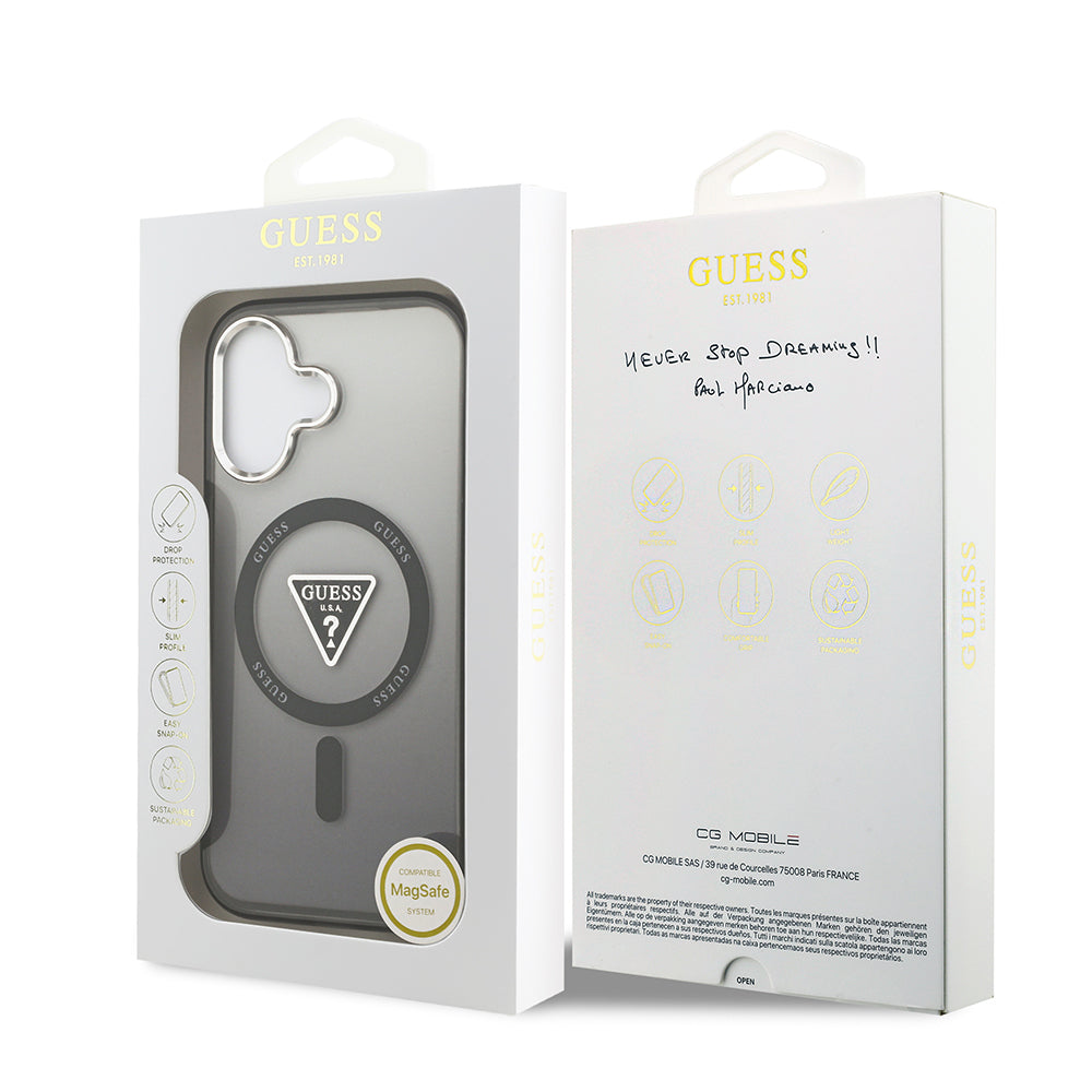 Guess iPhone 17 Orjinal Lisanslı M-safe Şarj Özellikli IML Baskılı Üçgen Logolu Metal Kamera Çerçeveli Kılıf