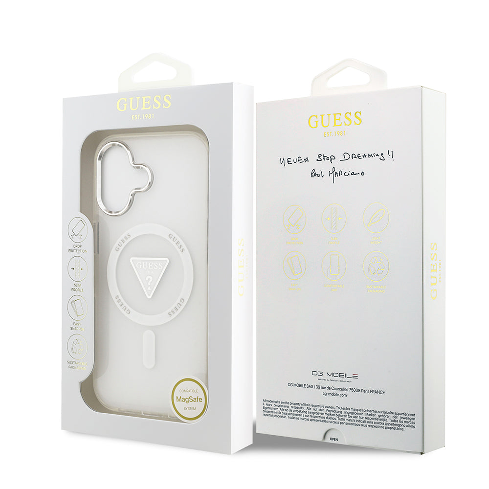 Guess iPhone 17 Orjinal Lisanslı M-safe Şarj Özellikli IML Baskılı Üçgen Logolu Metal Kamera Çerçeveli Kılıf