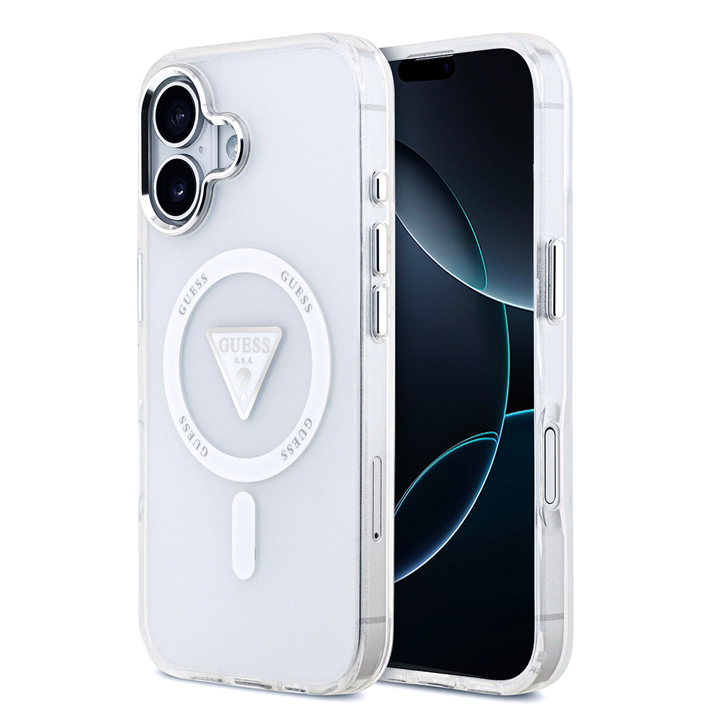 Guess iPhone 17 Orjinal Lisanslı M-safe Şarj Özellikli IML Baskılı Üçgen Logolu Metal Kamera Çerçeveli Kılıf