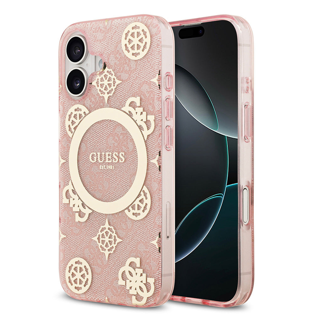 Guess iPhone 17 Orjinal Lisanslı M-safe Şarj Özellikli IML Peony ve 4G Desenli Klasik Logolu Kılıf
