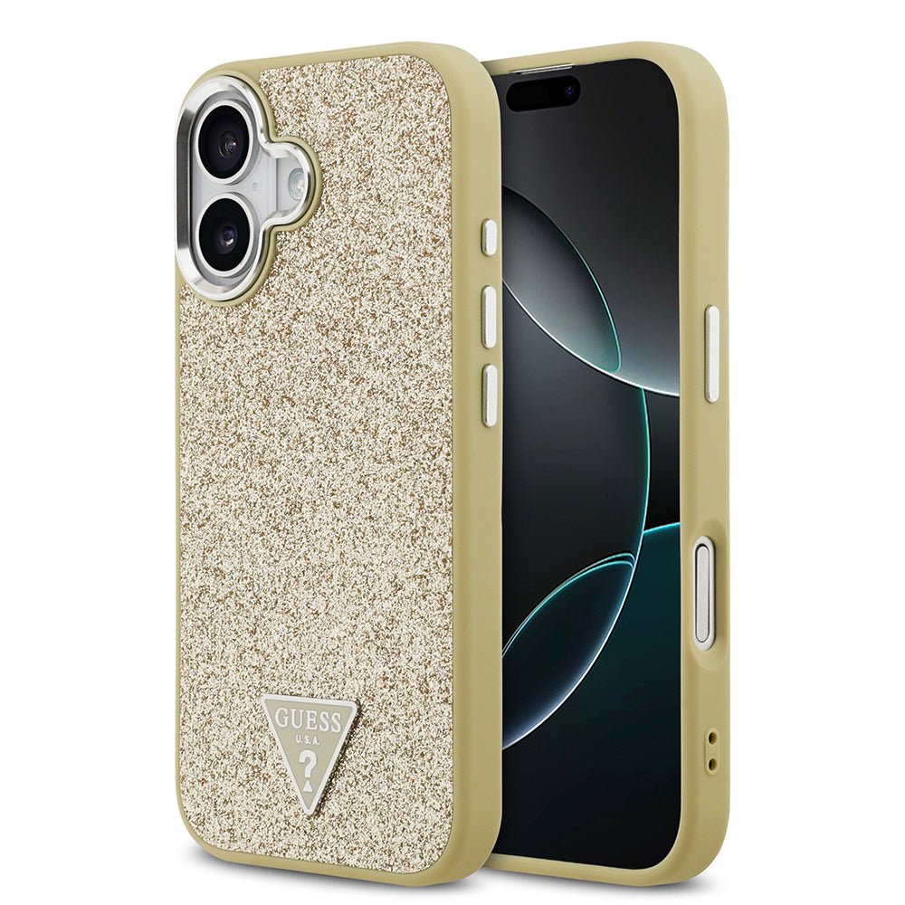 Guess iPhone 17 Orjinal Lisanslı M-safe Şarj Özellikli Metal Kamera Çerçeveli Üçgen Logolu Glitter Kılıf