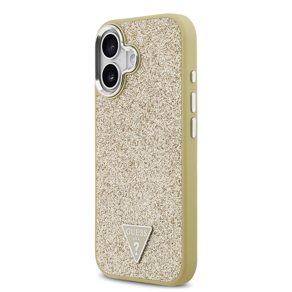 Guess iPhone 17 Orjinal Lisanslı M-safe Şarj Özellikli Metal Kamera Çerçeveli Üçgen Logolu Glitter Kılıf