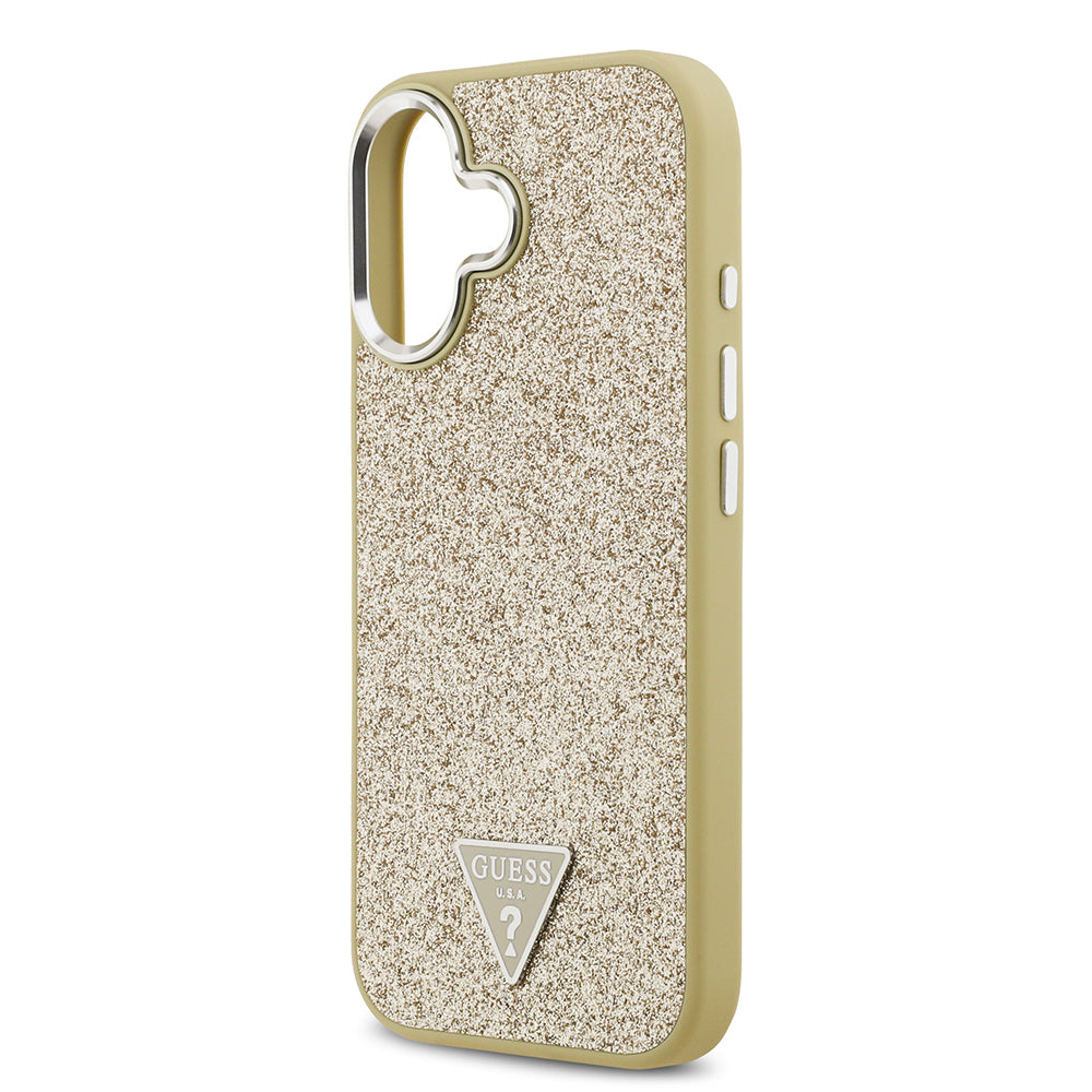 Guess iPhone 17 Orjinal Lisanslı M-safe Şarj Özellikli Metal Kamera Çerçeveli Üçgen Logolu Glitter Kılıf