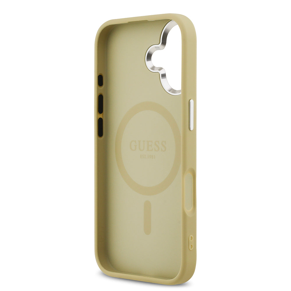 Guess iPhone 17 Orjinal Lisanslı M-safe Şarj Özellikli Metal Kamera Çerçeveli Üçgen Logolu Glitter Kılıf