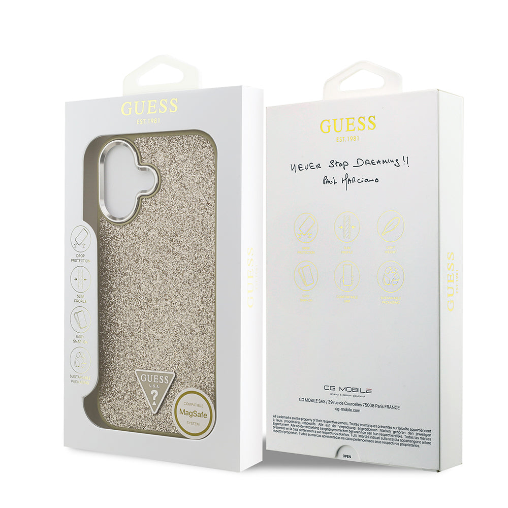 Guess iPhone 17 Orjinal Lisanslı M-safe Şarj Özellikli Metal Kamera Çerçeveli Üçgen Logolu Glitter Kılıf