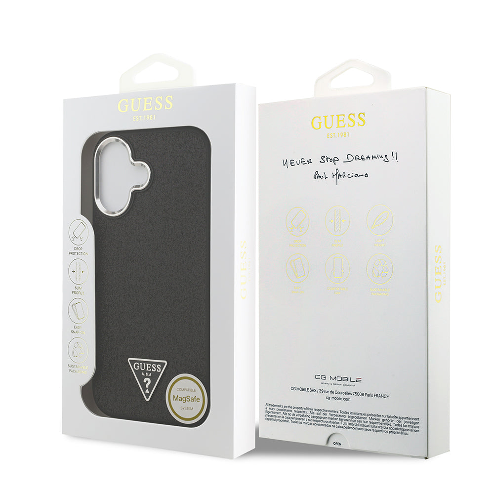 Guess iPhone 17 Orjinal Lisanslı M-safe Şarj Özellikli Metal Kamera Çerçeveli Üçgen Logolu Glitter Kılıf