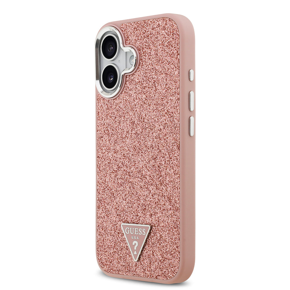 Guess iPhone 17 Orjinal Lisanslı M-safe Şarj Özellikli Metal Kamera Çerçeveli Üçgen Logolu Glitter Kılıf