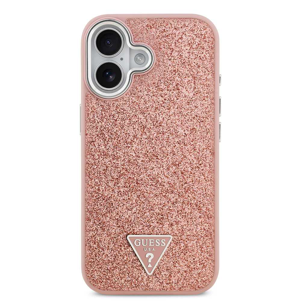 Guess iPhone 17 Orjinal Lisanslı M-safe Şarj Özellikli Metal Kamera Çerçeveli Üçgen Logolu Glitter Kılıf