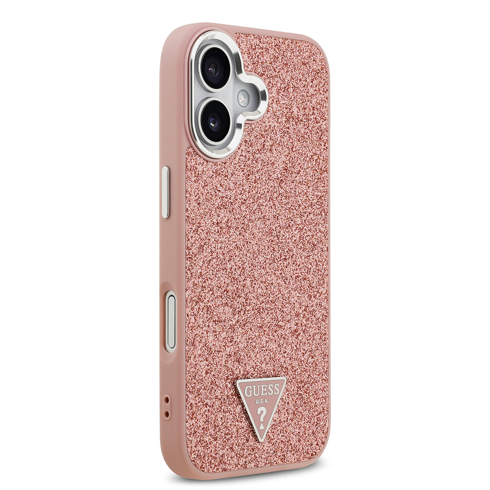 Guess iPhone 17 Orjinal Lisanslı M-safe Şarj Özellikli Metal Kamera Çerçeveli Üçgen Logolu Glitter Kılıf
