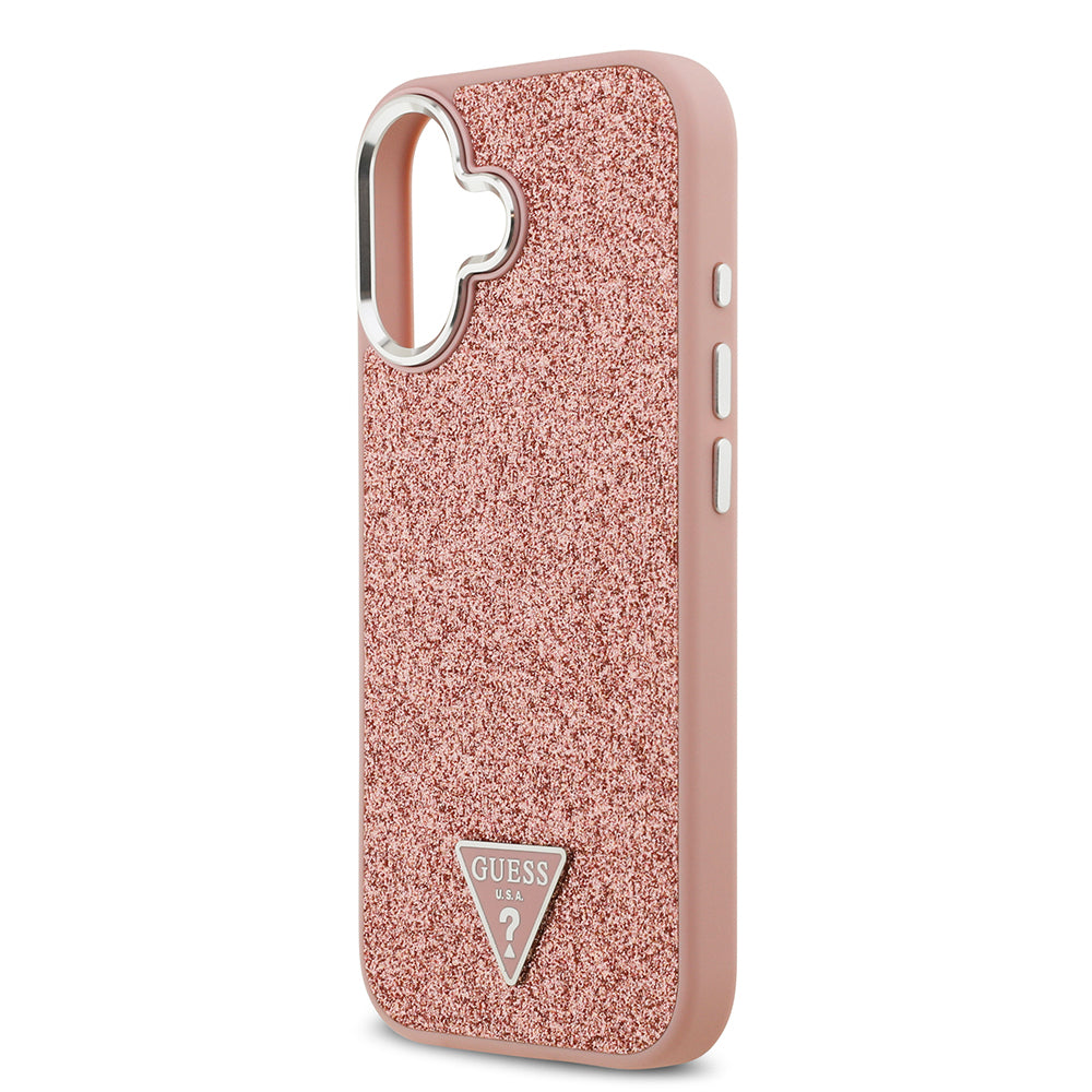 Guess iPhone 17 Orjinal Lisanslı M-safe Şarj Özellikli Metal Kamera Çerçeveli Üçgen Logolu Glitter Kılıf