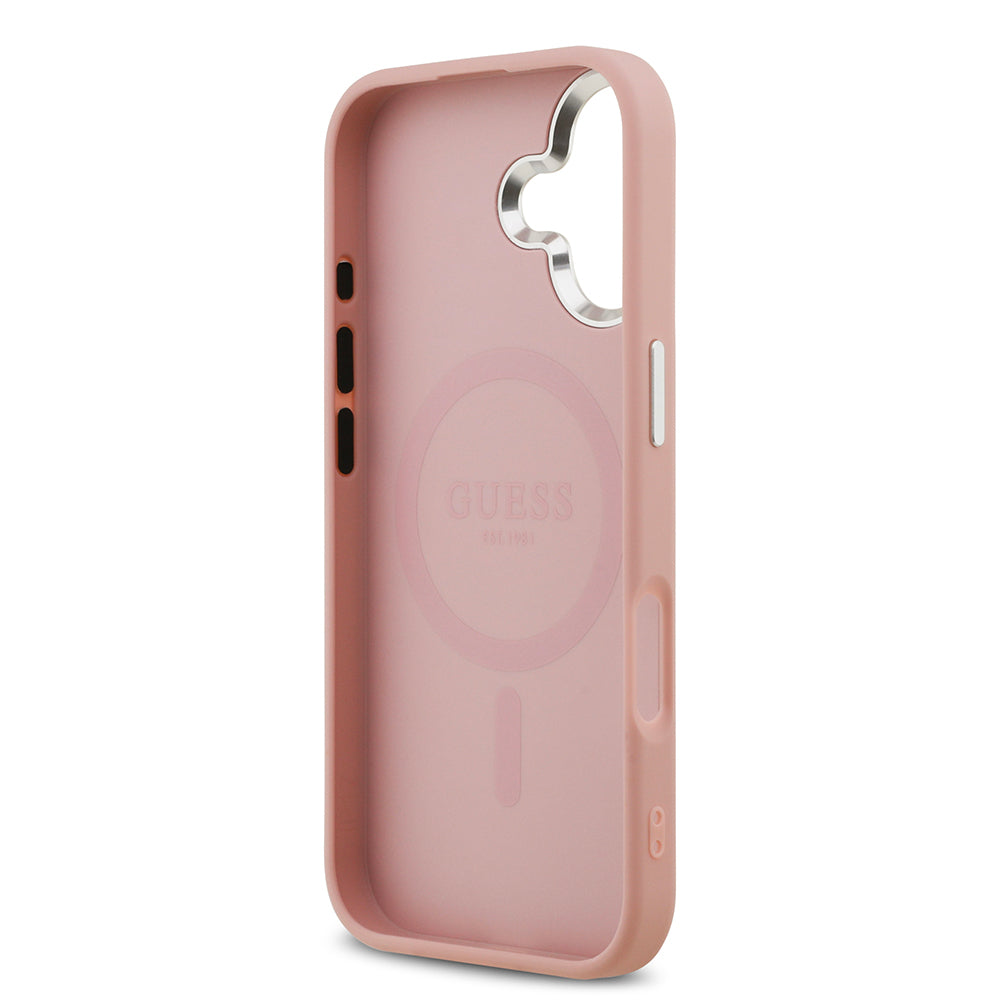 Guess iPhone 17 Orjinal Lisanslı M-safe Şarj Özellikli Metal Kamera Çerçeveli Üçgen Logolu Glitter Kılıf