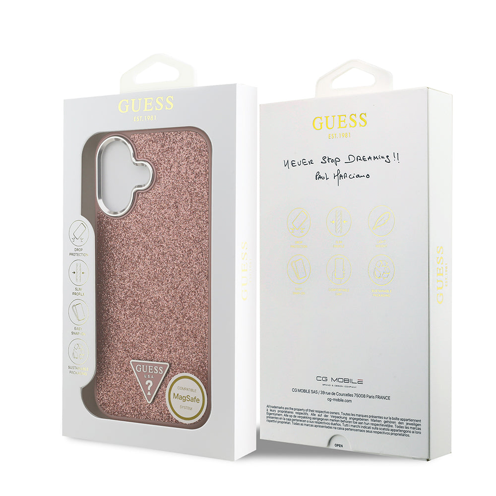 Guess iPhone 17 Orjinal Lisanslı M-safe Şarj Özellikli Metal Kamera Çerçeveli Üçgen Logolu Glitter Kılıf