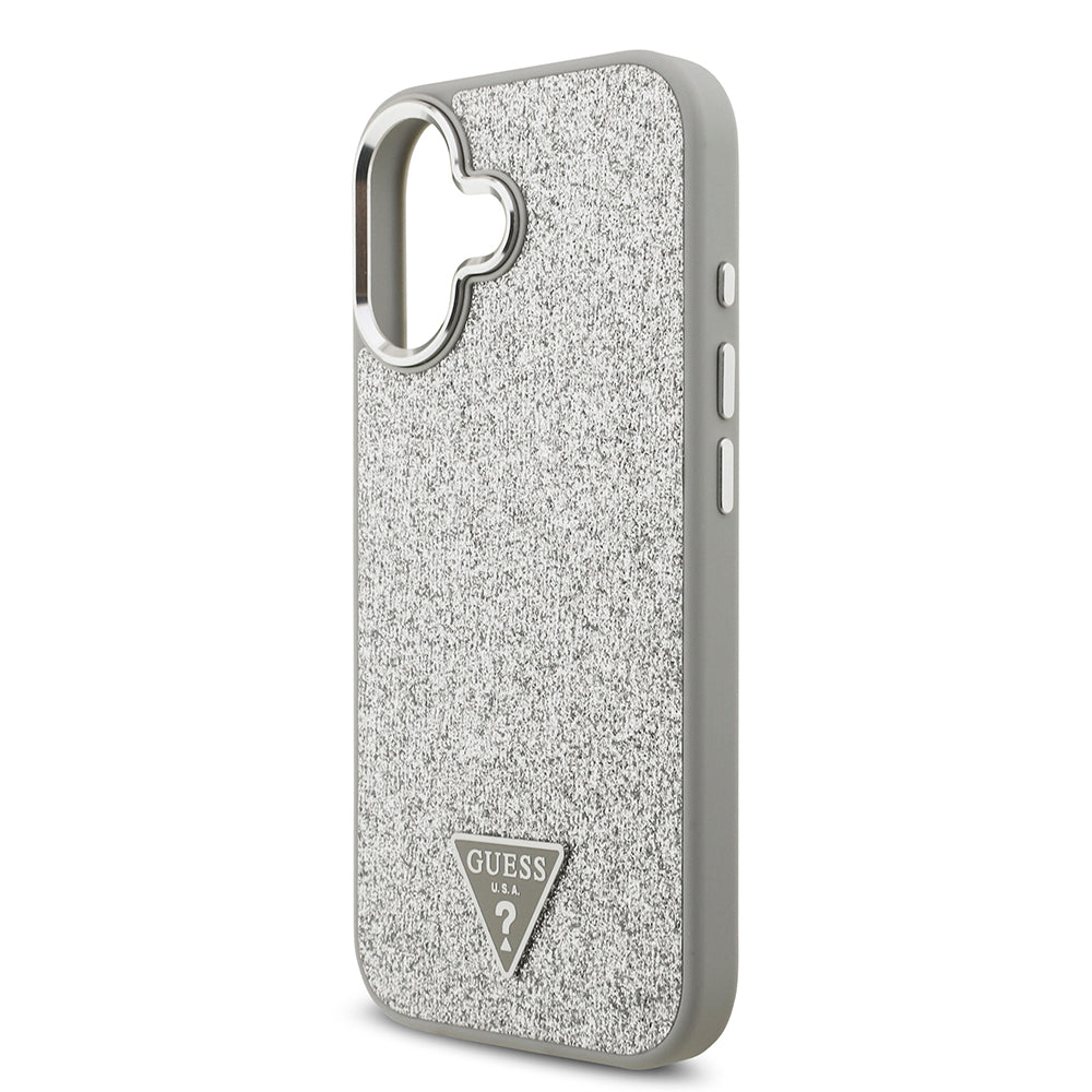 Guess iPhone 17 Orjinal Lisanslı M-safe Şarj Özellikli Metal Kamera Çerçeveli Üçgen Logolu Glitter Kılıf