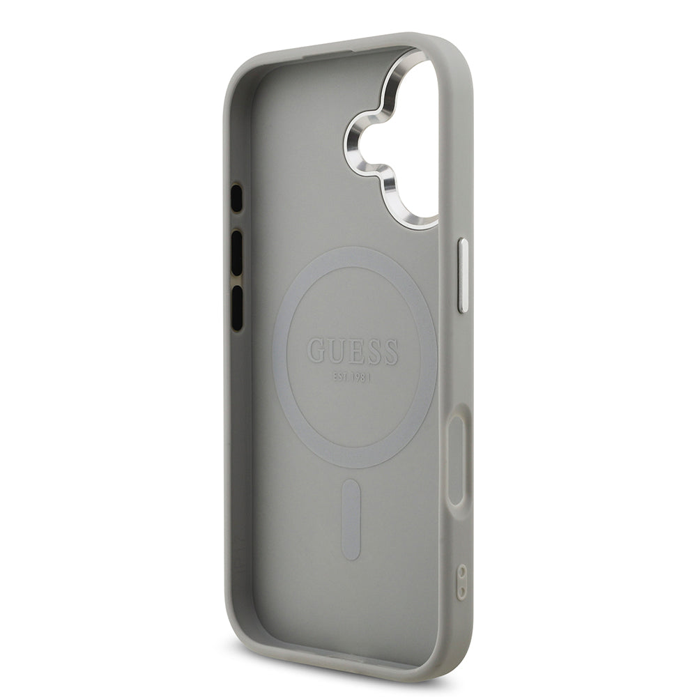 Guess iPhone 17 Orjinal Lisanslı M-safe Şarj Özellikli Metal Kamera Çerçeveli Üçgen Logolu Glitter Kılıf