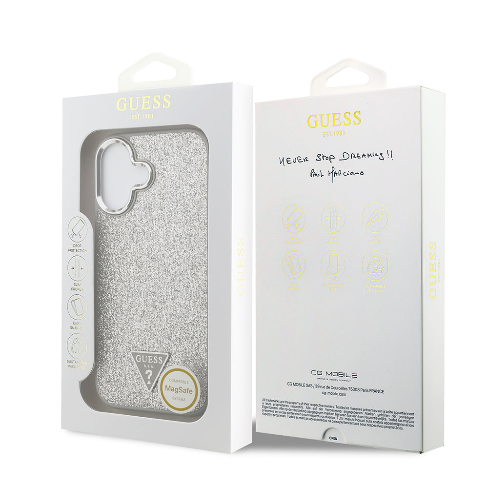 Guess iPhone 17 Orjinal Lisanslı M-safe Şarj Özellikli Metal Kamera Çerçeveli Üçgen Logolu Glitter Kılıf