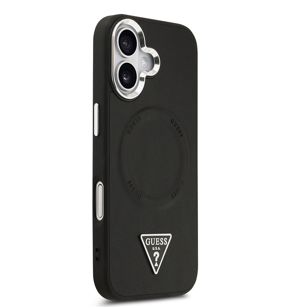 Guess iPhone 17 Orjinal Lisanslı M-safe Şarj Özellikli PU Deri Metal Kamera Çerçeveli Üçgen Logolu Kılıf