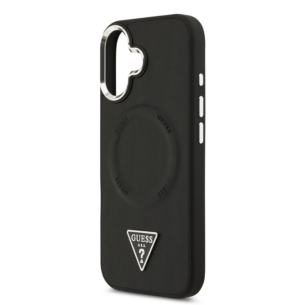Guess iPhone 17 Orjinal Lisanslı M-safe Şarj Özellikli PU Deri Metal Kamera Çerçeveli Üçgen Logolu Kılıf