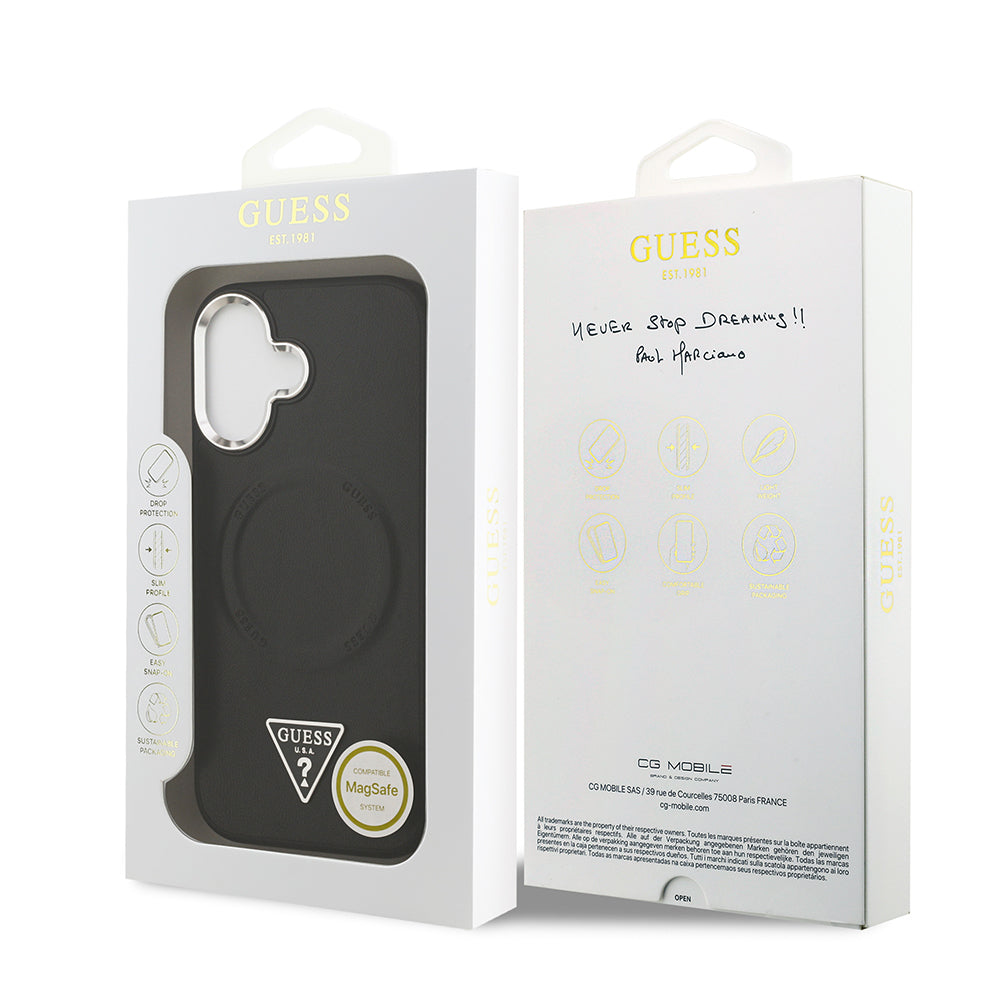 Guess iPhone 17 Orjinal Lisanslı M-safe Şarj Özellikli PU Deri Metal Kamera Çerçeveli Üçgen Logolu Kılıf