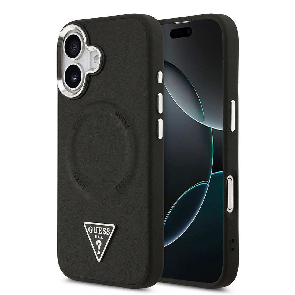 Guess iPhone 17 Orjinal Lisanslı M-safe Şarj Özellikli PU Deri Metal Kamera Çerçeveli Üçgen Logolu Kılıf