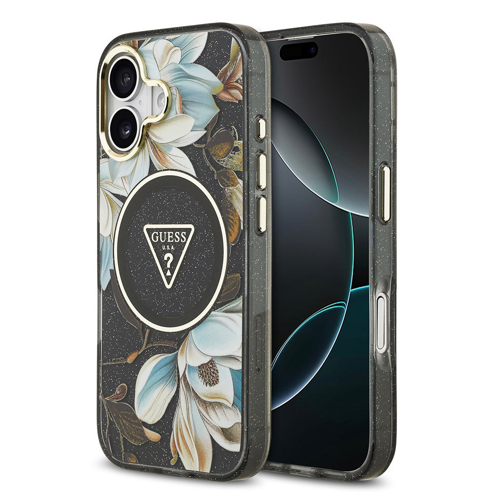 Guess iPhone 17 Orjinal Lisanslı M-safe Şarj Özellikli Simli Çiçek Desenli Metal Kamera Çerçeveli Üçgen Logolu Kılıf