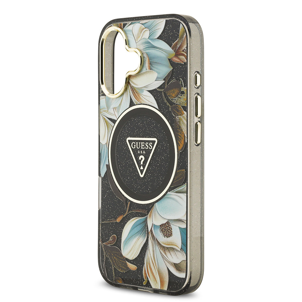 Guess iPhone 17 Orjinal Lisanslı M-safe Şarj Özellikli Simli Çiçek Desenli Metal Kamera Çerçeveli Üçgen Logolu Kılıf