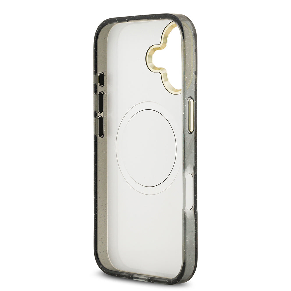 Guess iPhone 17 Orjinal Lisanslı M-safe Şarj Özellikli Simli Çiçek Desenli Metal Kamera Çerçeveli Üçgen Logolu Kılıf