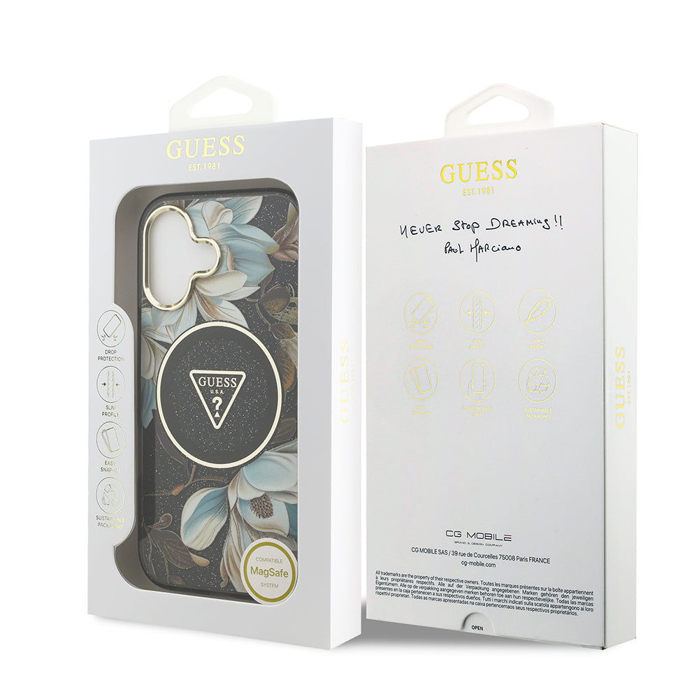 Guess iPhone 17 Orjinal Lisanslı M-safe Şarj Özellikli Simli Çiçek Desenli Metal Kamera Çerçeveli Üçgen Logolu Kılıf
