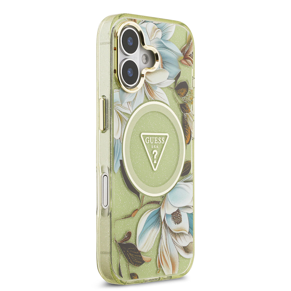 Guess iPhone 17 Orjinal Lisanslı M-safe Şarj Özellikli Simli Çiçek Desenli Metal Kamera Çerçeveli Üçgen Logolu Kılıf